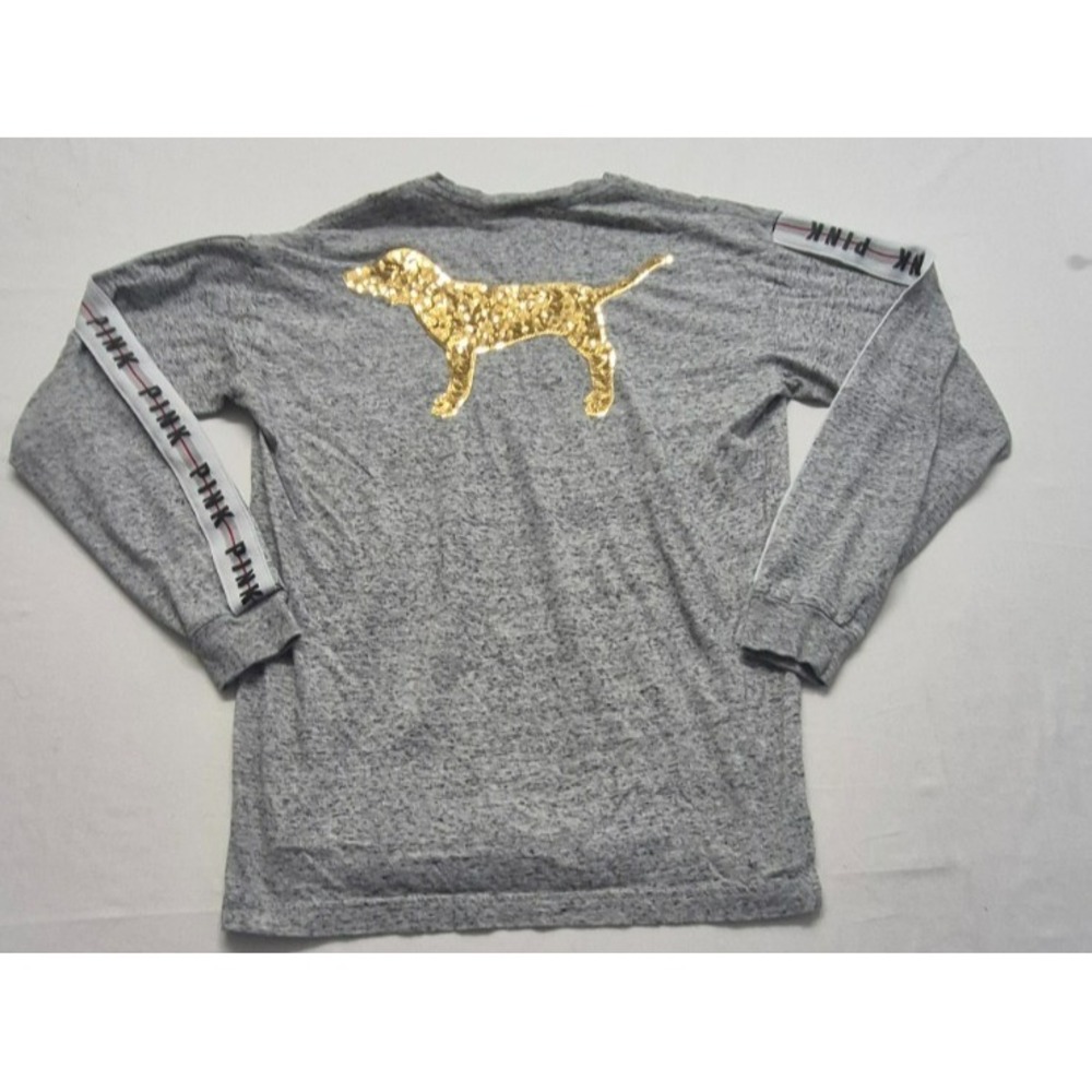 VS Pink women's gray ls gold sequin dog back front pocket logo down arm SM